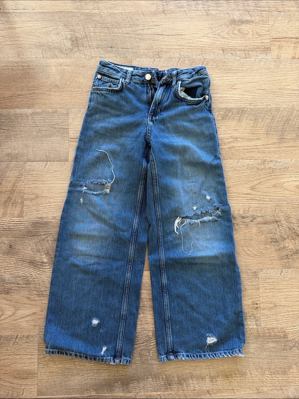 Zara Blue Distressed Wide-Leg Jeans